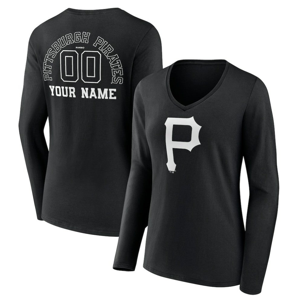 Pittsburgh Pirates Women's Monochrome Personalized Name & Number Long Sleeve V-Neck T-Shirt Black