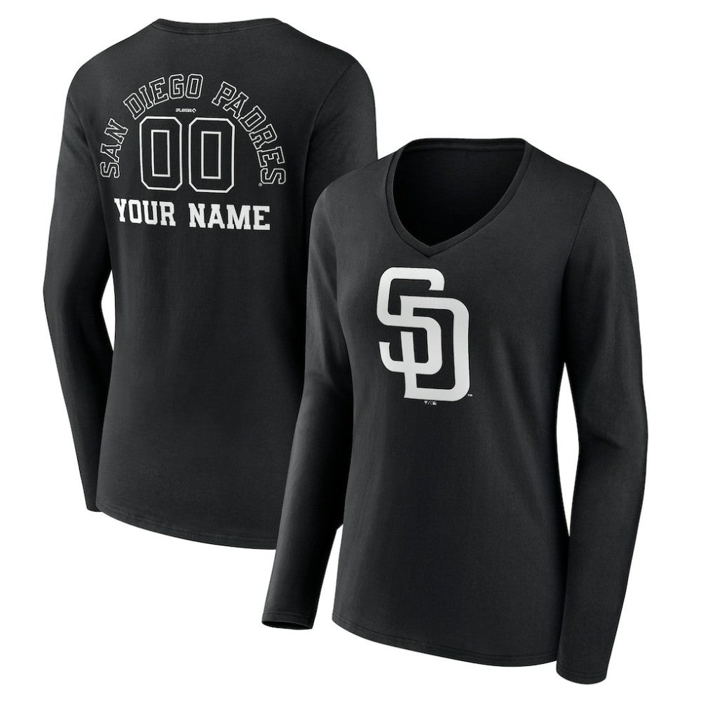 San Diego Padres Women's Monochrome Personalized Name & Number Long Sleeve V-Neck T-Shirt Black