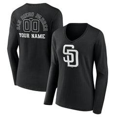 San Diego Padres Women's Monochrome Personalized Name & Number Long Sleeve V-Neck T-Shirt Black