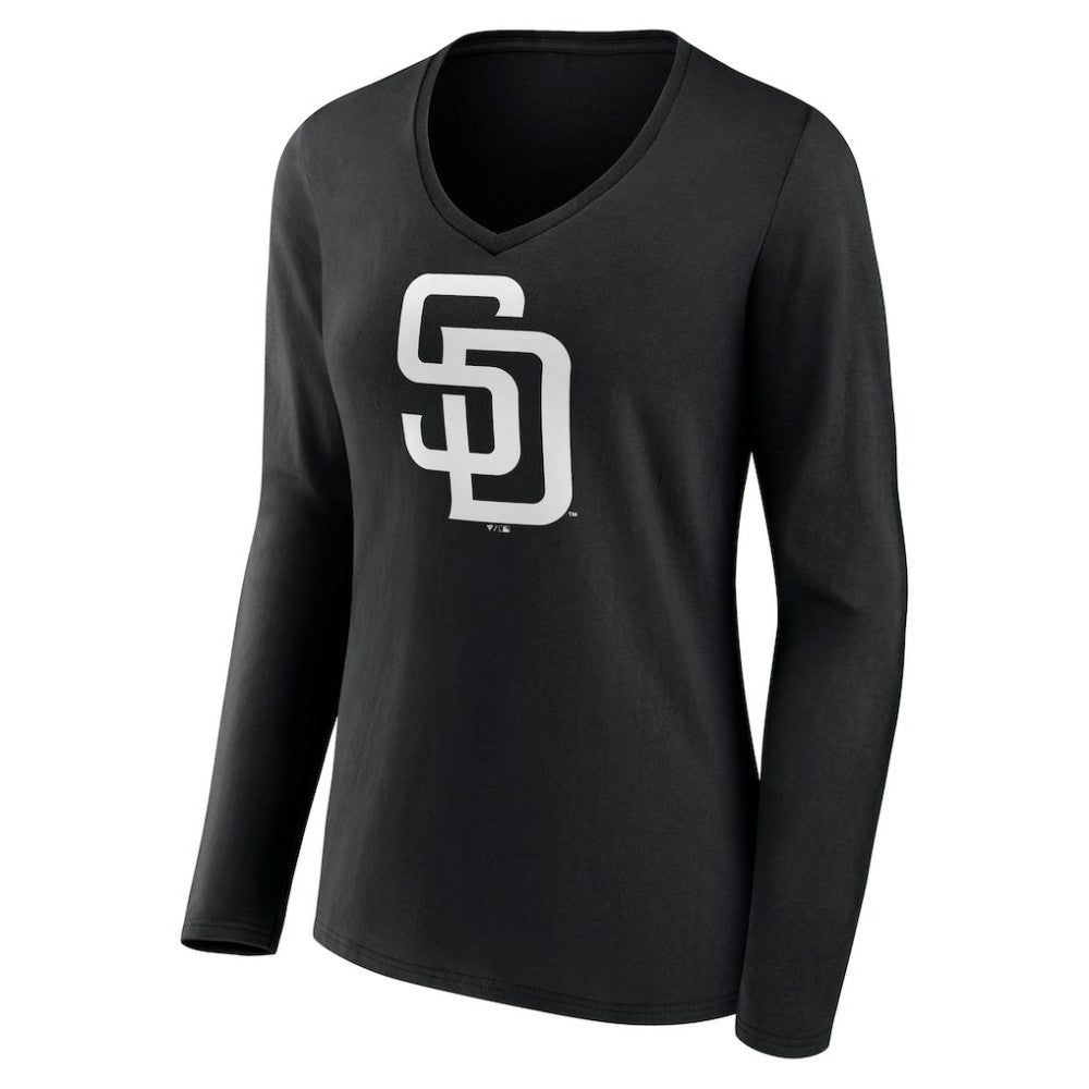 San Diego Padres Women's Monochrome Personalized Name & Number Long Sleeve V-Neck T-Shirt Black