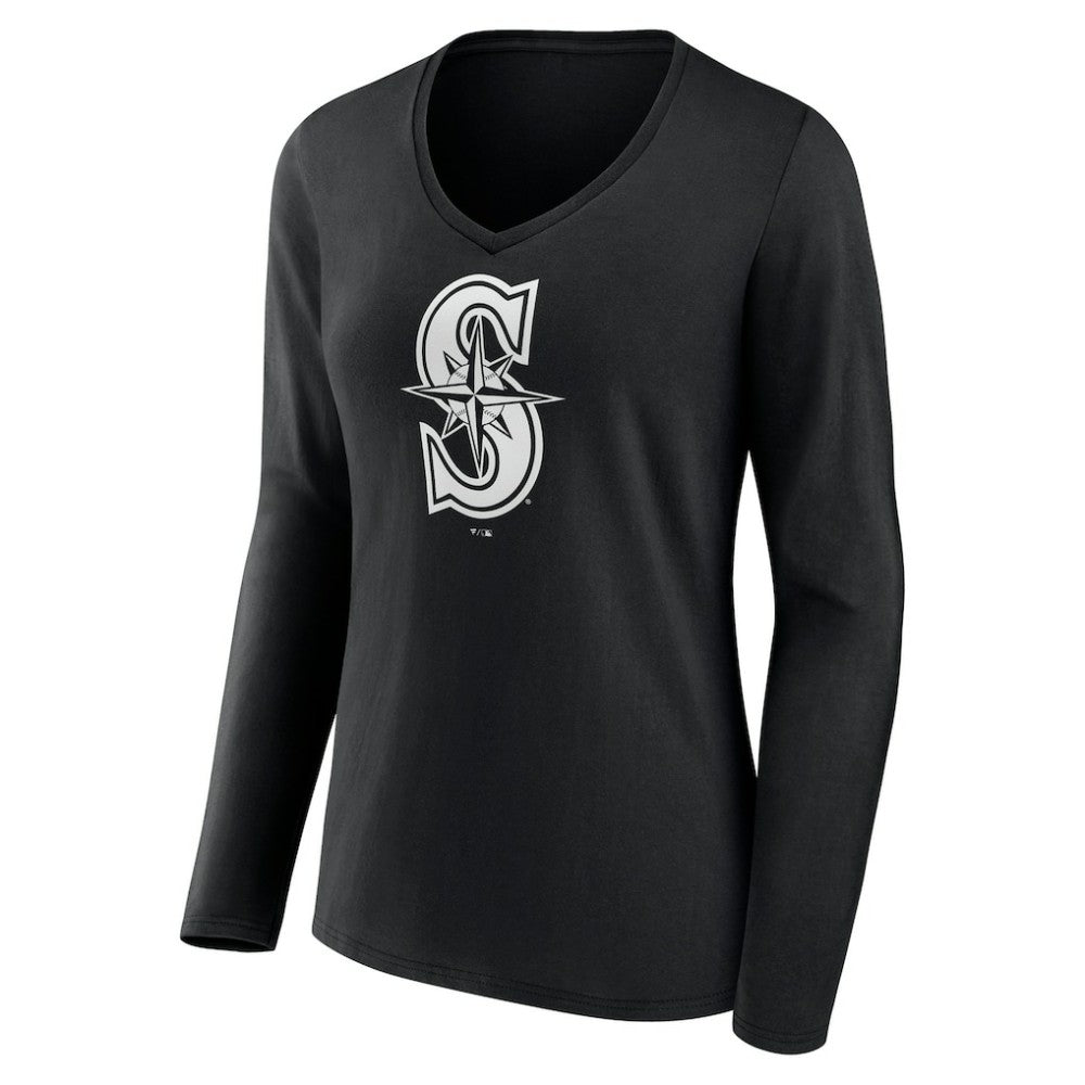 Seattle Mariners Women's Monochrome Personalized Name & Number Long Sleeve V-Neck T-Shirt Black