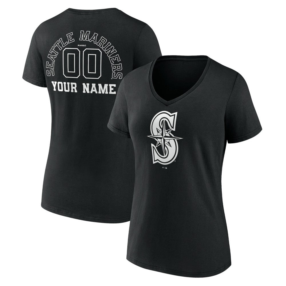Seattle Mariners Women's Monochrome Personalized Name & Number V-Neck T-Shirt Black