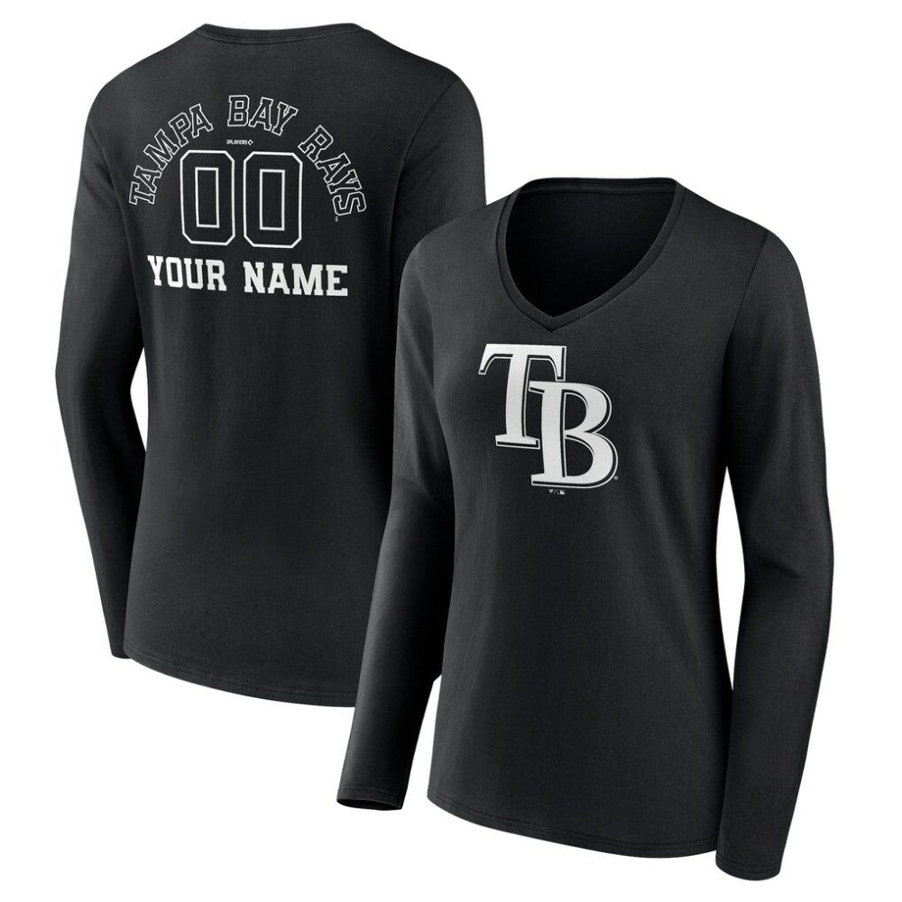 Tampa Bay Rays Women's Monochrome Personalized Name & Number Long Sleeve V-Neck T-Shirt Black