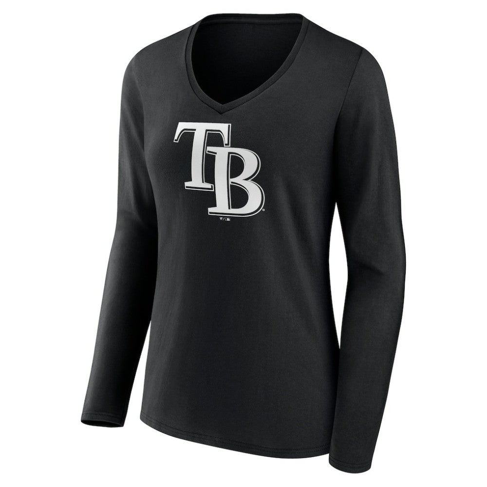 Tampa Bay Rays Women's Monochrome Personalized Name & Number Long Sleeve V-Neck T-Shirt Black
