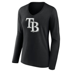 Tampa Bay Rays Women's Monochrome Personalized Name & Number Long Sleeve V-Neck T-Shirt Black