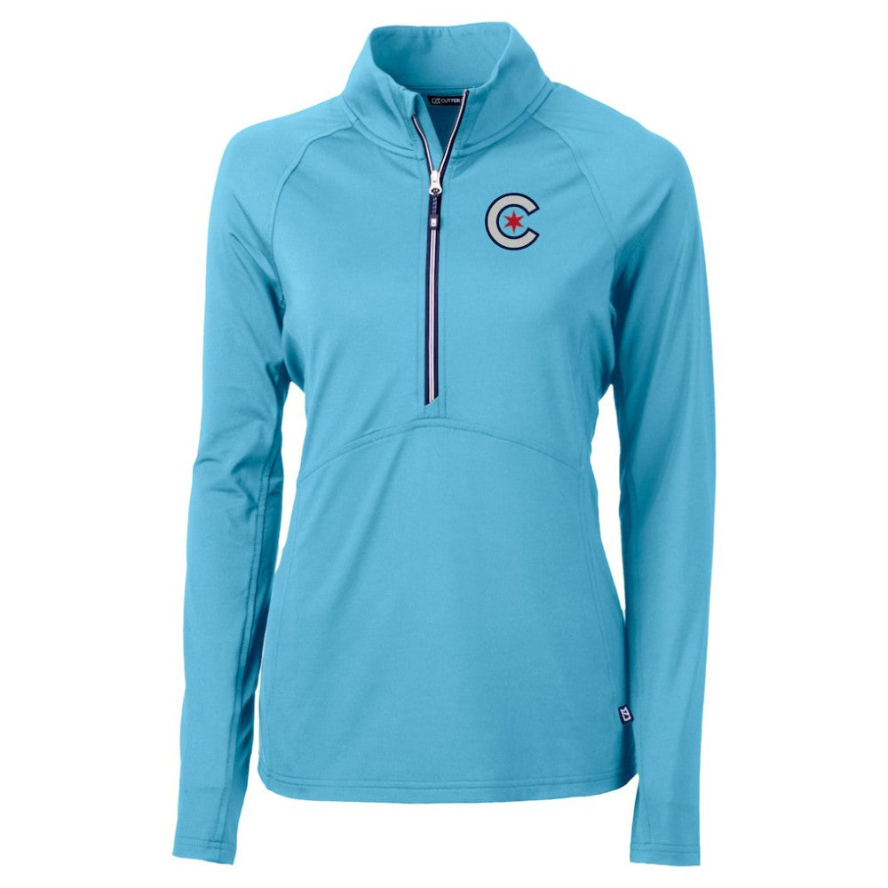 Chicago Cubs Cutter & Buck Women's City Connect Adapt Eco Knit Recycled Half-Zip Pullover Top Powder Blue