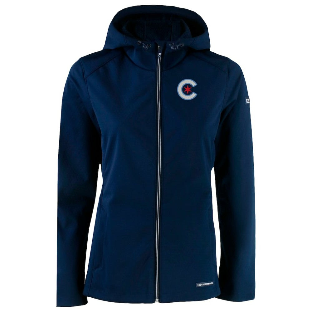 Chicago Cubs Cutter & Buck Women's City Connect Evoke Eco Softshell Recycled Full-Zip Hoodie Jacket Navy