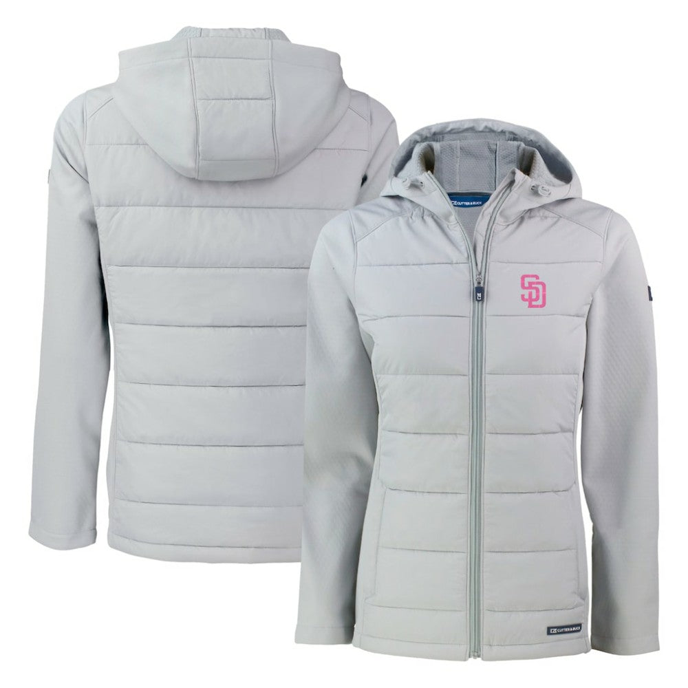 San Diego Padres Cutter & Buck Women's City Connect Evoke Hybrid Eco Softshell Recycled Full-Zip Hoodie Jacket Gray