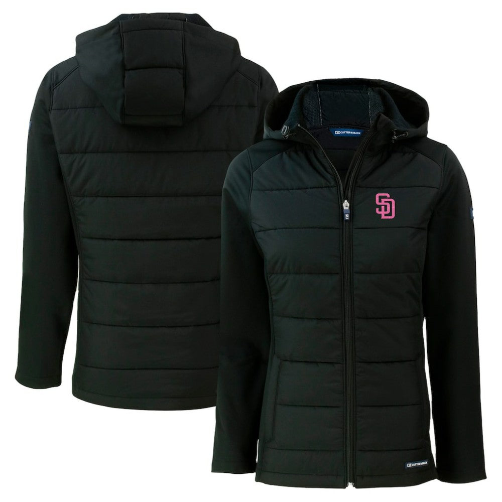 San Diego Padres Cutter & Buck Women's City Connect Evoke Hybrid Eco Softshell Recycled Full-Zip Hoodie Jacket Black
