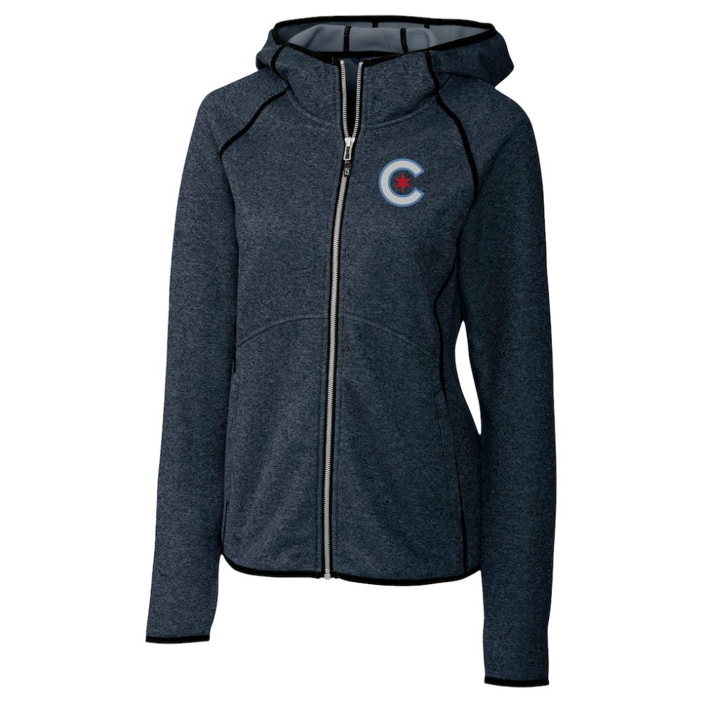 Chicago Cubs Cutter & Buck Women's City Connect Mainsail Full-Zip Hooded Jacket Heather Navy