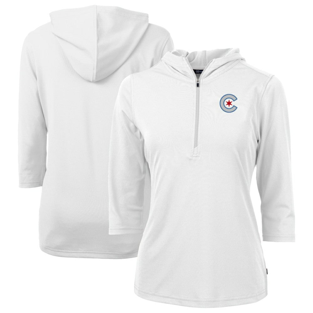 Chicago Cubs Cutter & Buck Women's City Connect Virtue Eco Pique Recycled Half-Zip Pullover Hoodie White