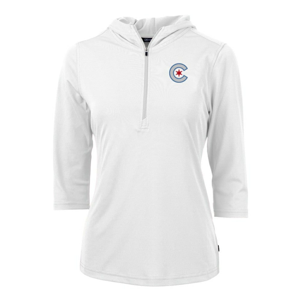 Chicago Cubs Cutter & Buck Women's City Connect Virtue Eco Pique Recycled Half-Zip Pullover Hoodie White