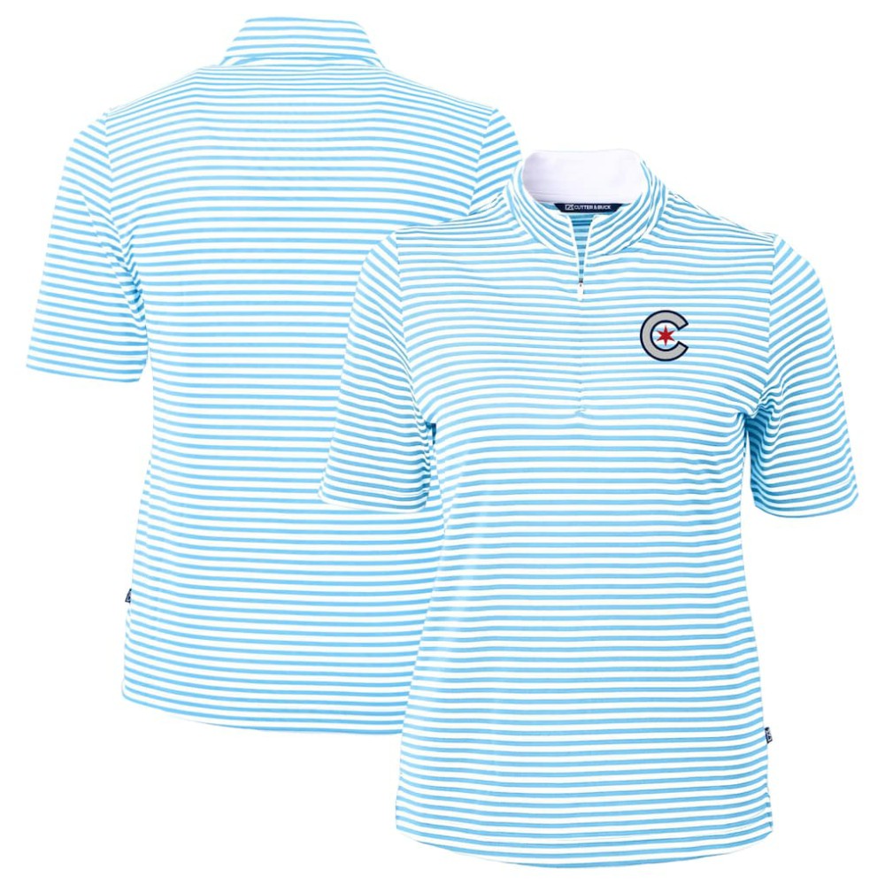 Chicago Cubs Cutter & Buck Women's City Connect Virtue Eco Pique Stripe Recycled Top Powder Blue