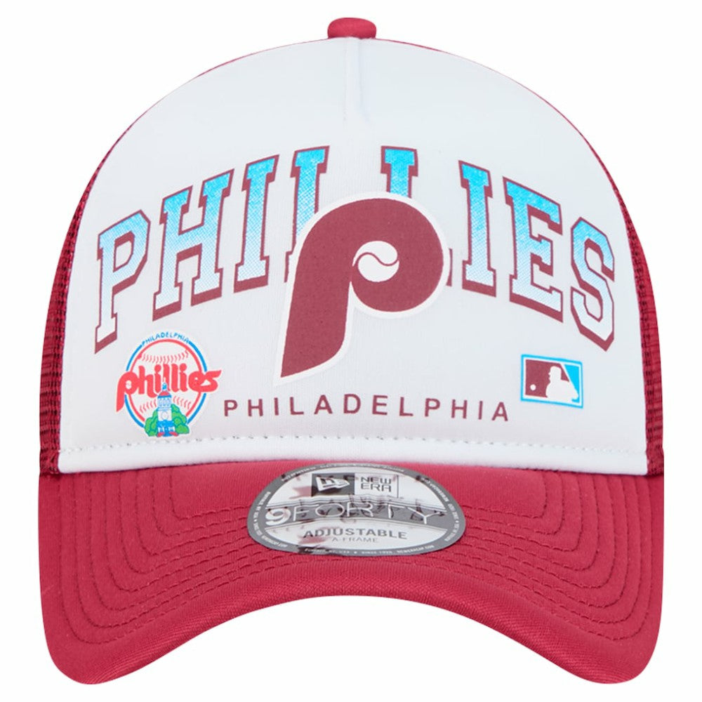 Philadelphia Phillies Retro Wordmark 9FORTY A-Frame Trucker Adjustable Hat White | New Era