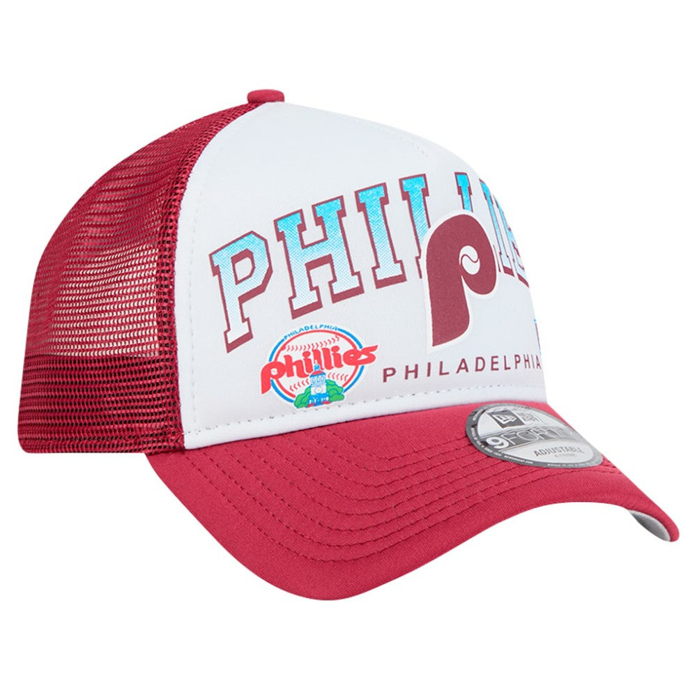Philadelphia Phillies Retro Wordmark 9FORTY A-Frame Trucker Adjustable Hat White | New Era