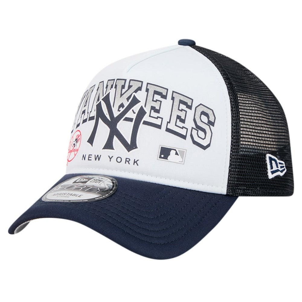 New York Yankees Retro Wordmark 9FORTY A-Frame Trucker Adjustable Hat White | New Era