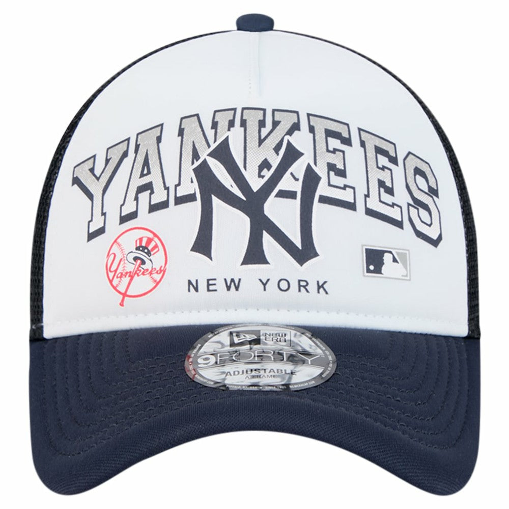 New York Yankees Retro Wordmark 9FORTY A-Frame Trucker Adjustable Hat White | New Era