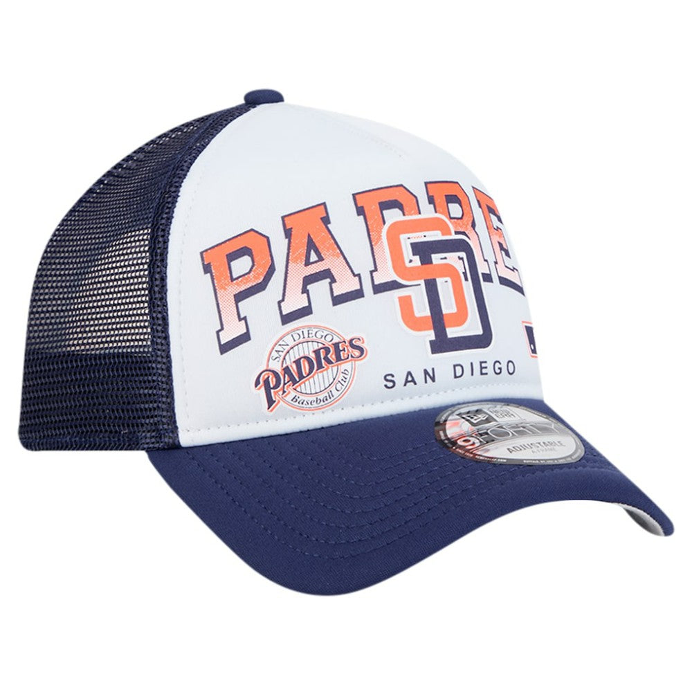 San Diego Padres Retro Wordmark 9FORTY A-Frame Trucker Adjustable Hat White | New Era