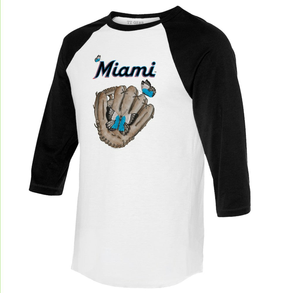 Miami Marlins Tiny Turnip Unisex Butterfly Glove 3/4-Sleeve Raglan T-Shirt White/Black