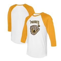 San Diego Padres Tiny Turnip Unisex Butterfly Glove 3/4-Sleeve Raglan T-Shirt White/Gold