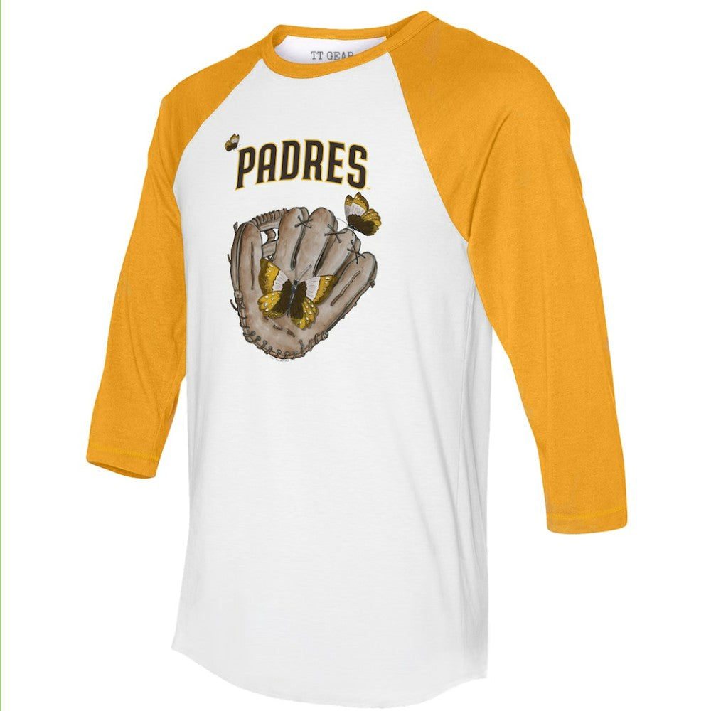 San Diego Padres Tiny Turnip Unisex Butterfly Glove 3/4-Sleeve Raglan T-Shirt White/Gold
