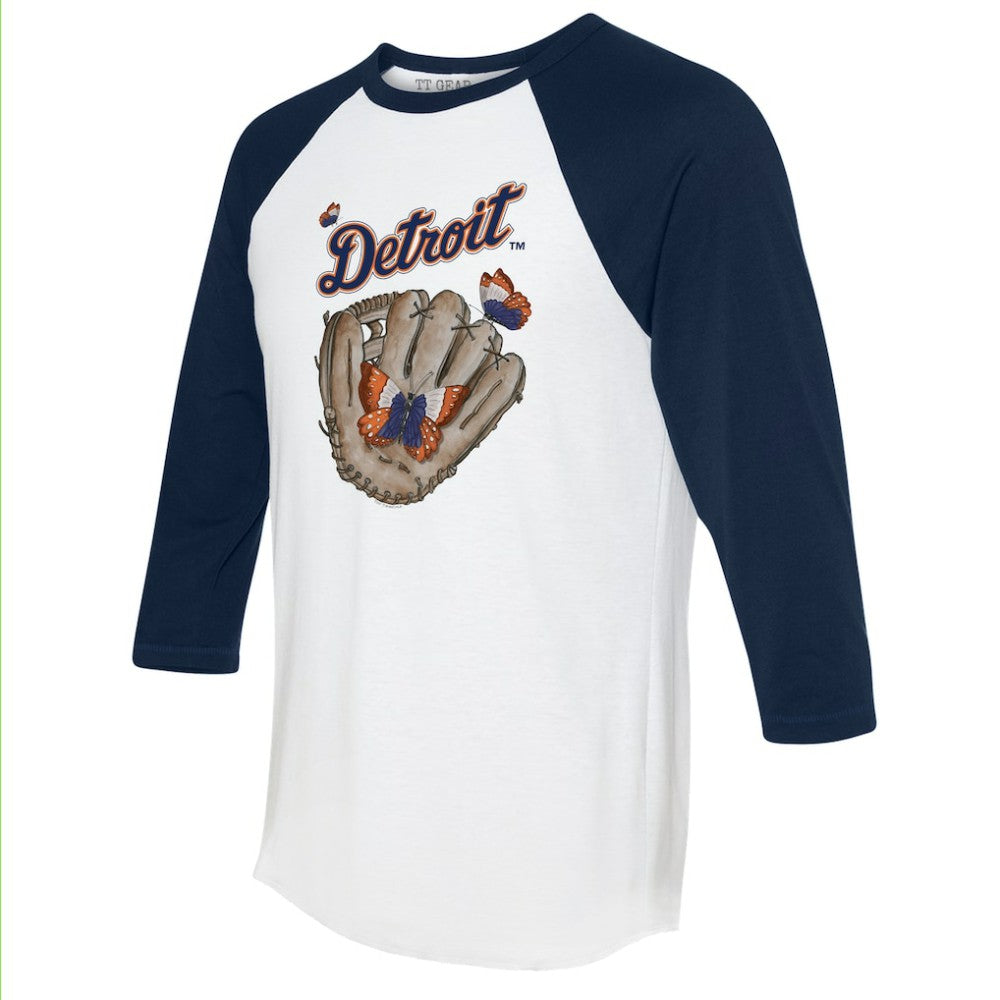 Detroit Tigers Tiny Turnip Unisex Butterfly Glove 3/4-Sleeve Raglan T-Shirt White/Navy