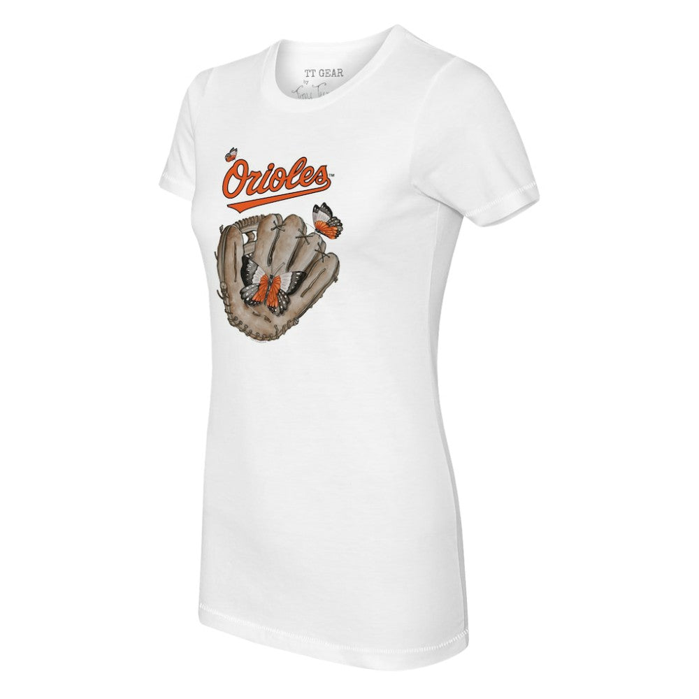 Baltimore Orioles Tiny Turnip Women's Butterfly Glove T-Shirt White