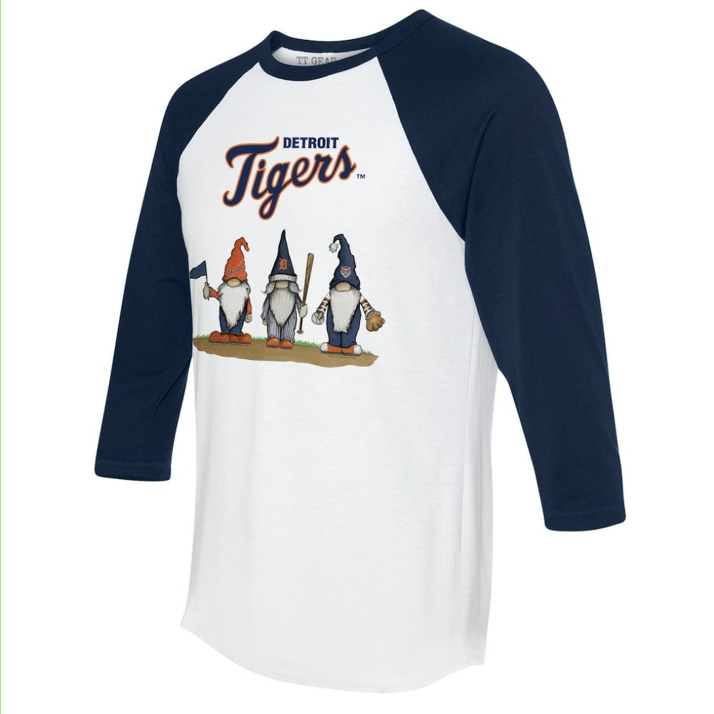 Detroit Tigers Tiny Turnip Unisex Gnomes 3/4-Sleeve Raglan T-Shirt White/Navy