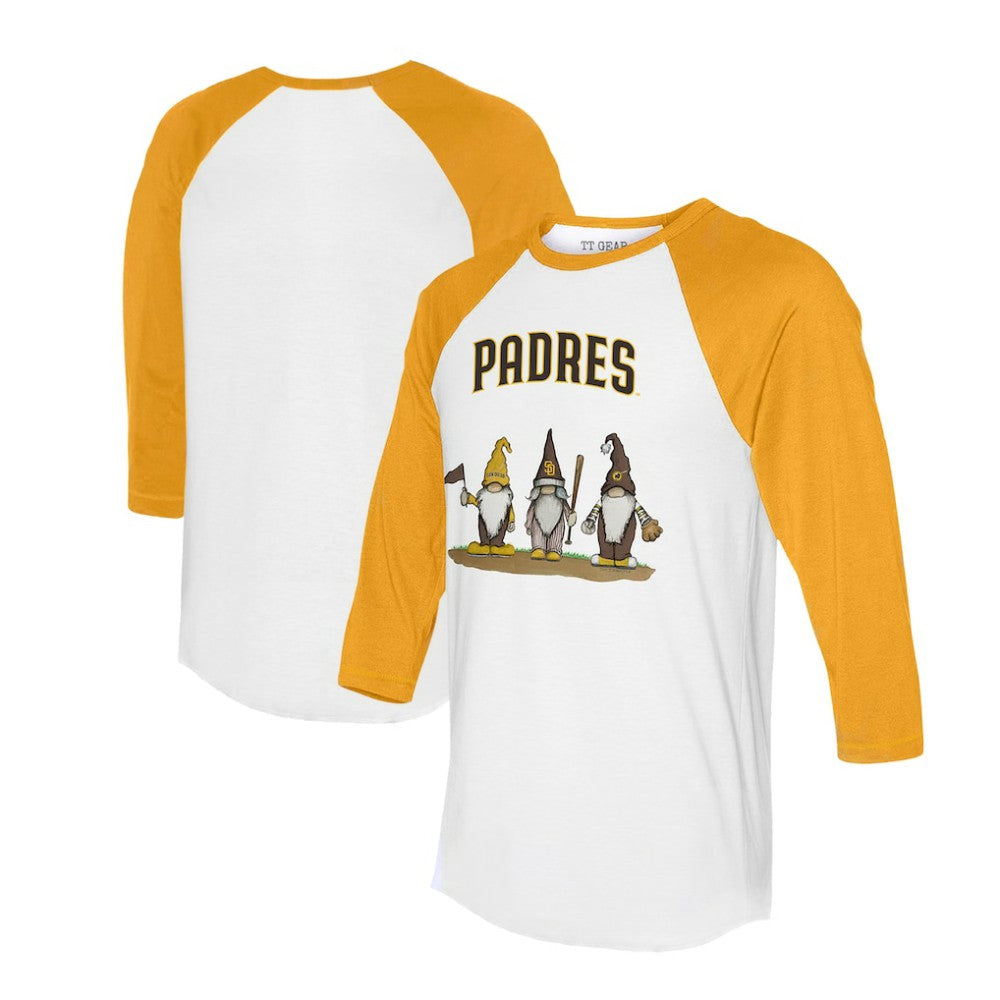 San Diego Padres Tiny Turnip Unisex Gnomes 3/4-Sleeve Raglan T-Shirt White/Gold