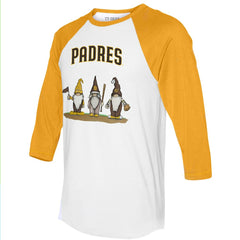 San Diego Padres Tiny Turnip Unisex Gnomes 3/4-Sleeve Raglan T-Shirt White/Gold