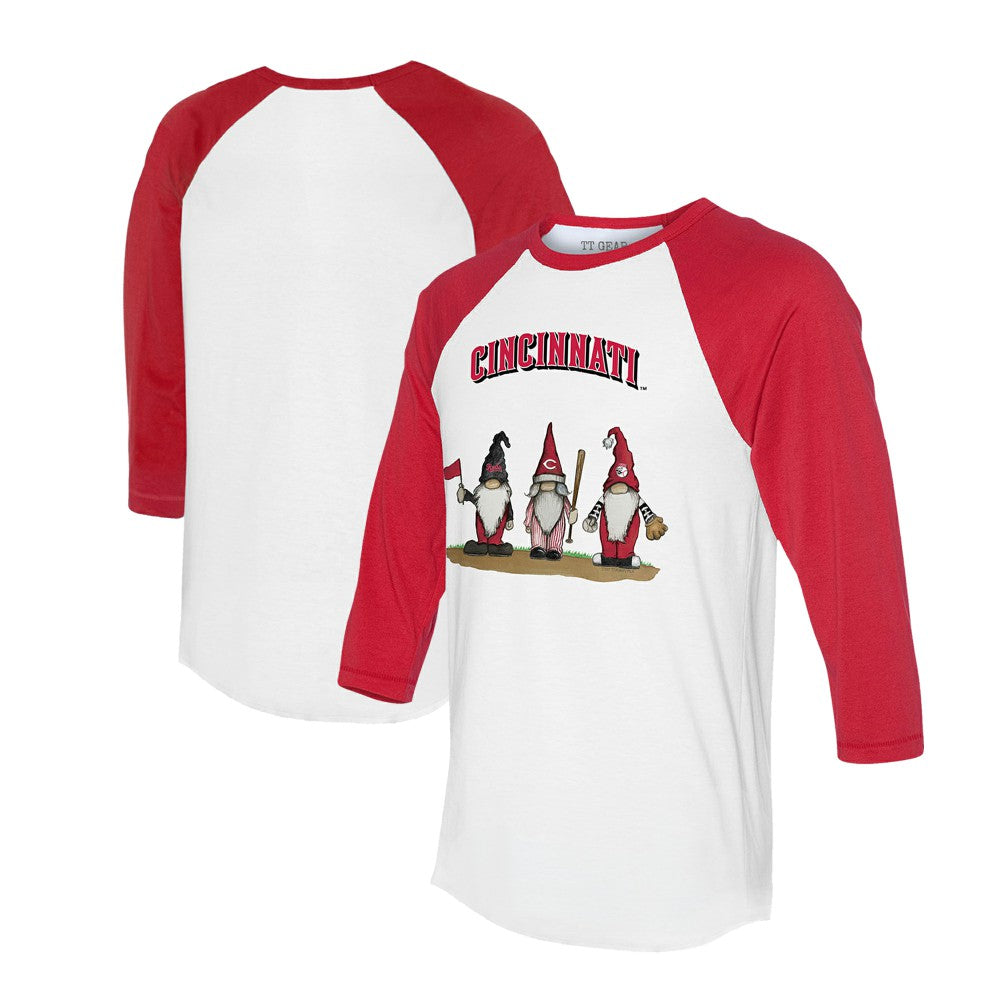 Cincinnati Reds Tiny Turnip Unisex Gnomes 3/4-Sleeve Raglan T-Shirt White/Red