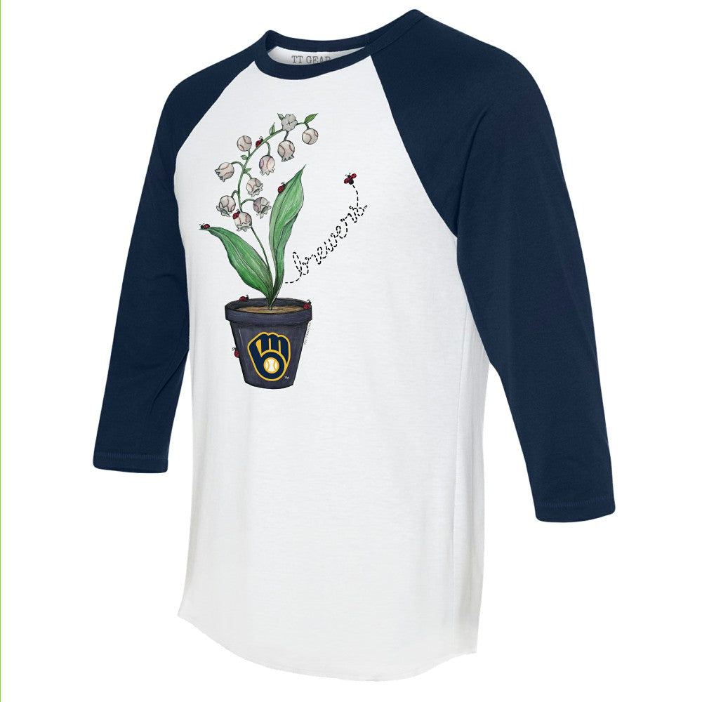 Milwaukee Brewers Tiny Turnip Unisex Lilies & Ladybugs 3/4-Sleeve Raglan T-Shirt White/Navy