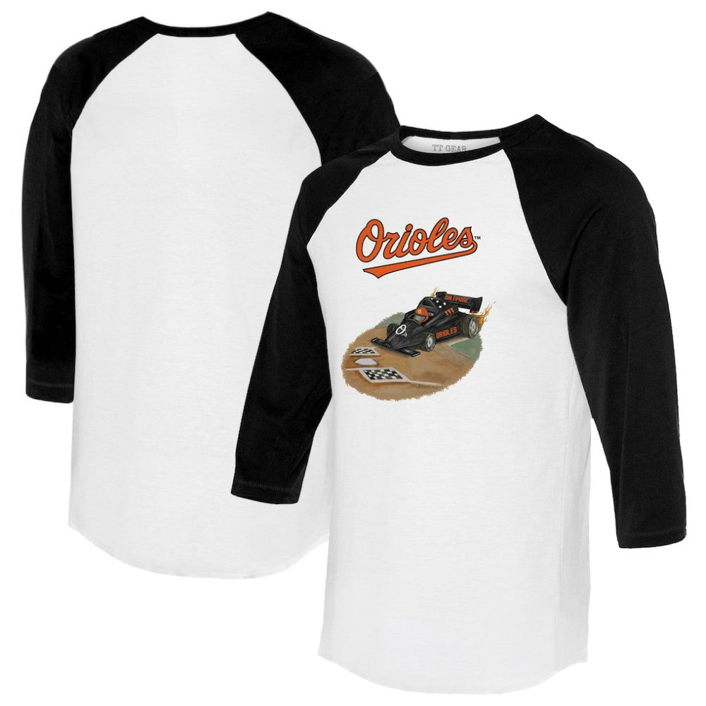 Baltimore Orioles Tiny Turnip Unisex Race Car 3/4-Sleeve Raglan T-Shirt White/Black