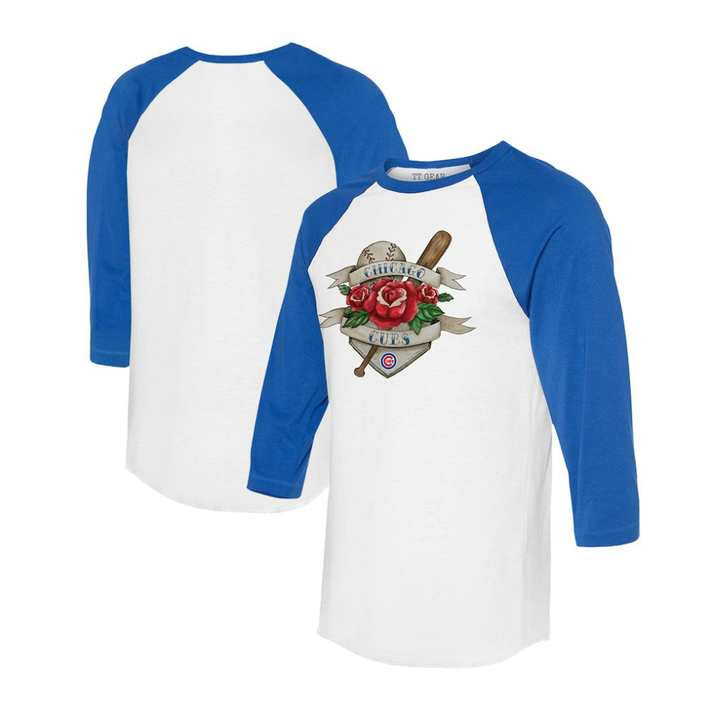 Chicago Cubs Tiny Turnip Unisex Tattoo Rose 3/4-Sleeve Raglan T-Shirt White/Royal