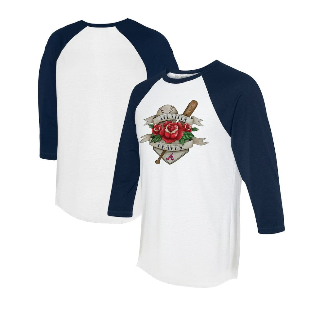 Atlanta Braves Tiny Turnip Unisex Tattoo Rose 3/4-Sleeve Raglan T-Shirt White/Navy