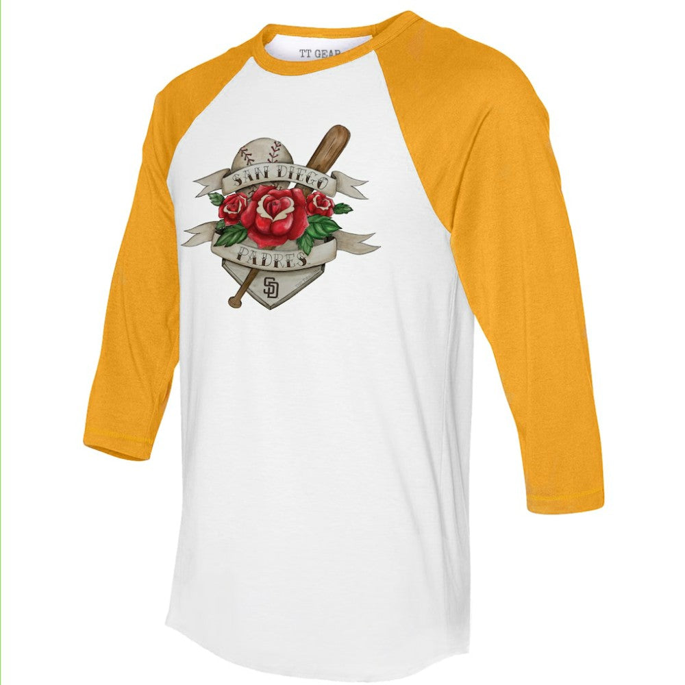 San Diego Padres Tiny Turnip Unisex Tattoo Rose 3/4-Sleeve Raglan T-Shirt White/Gold