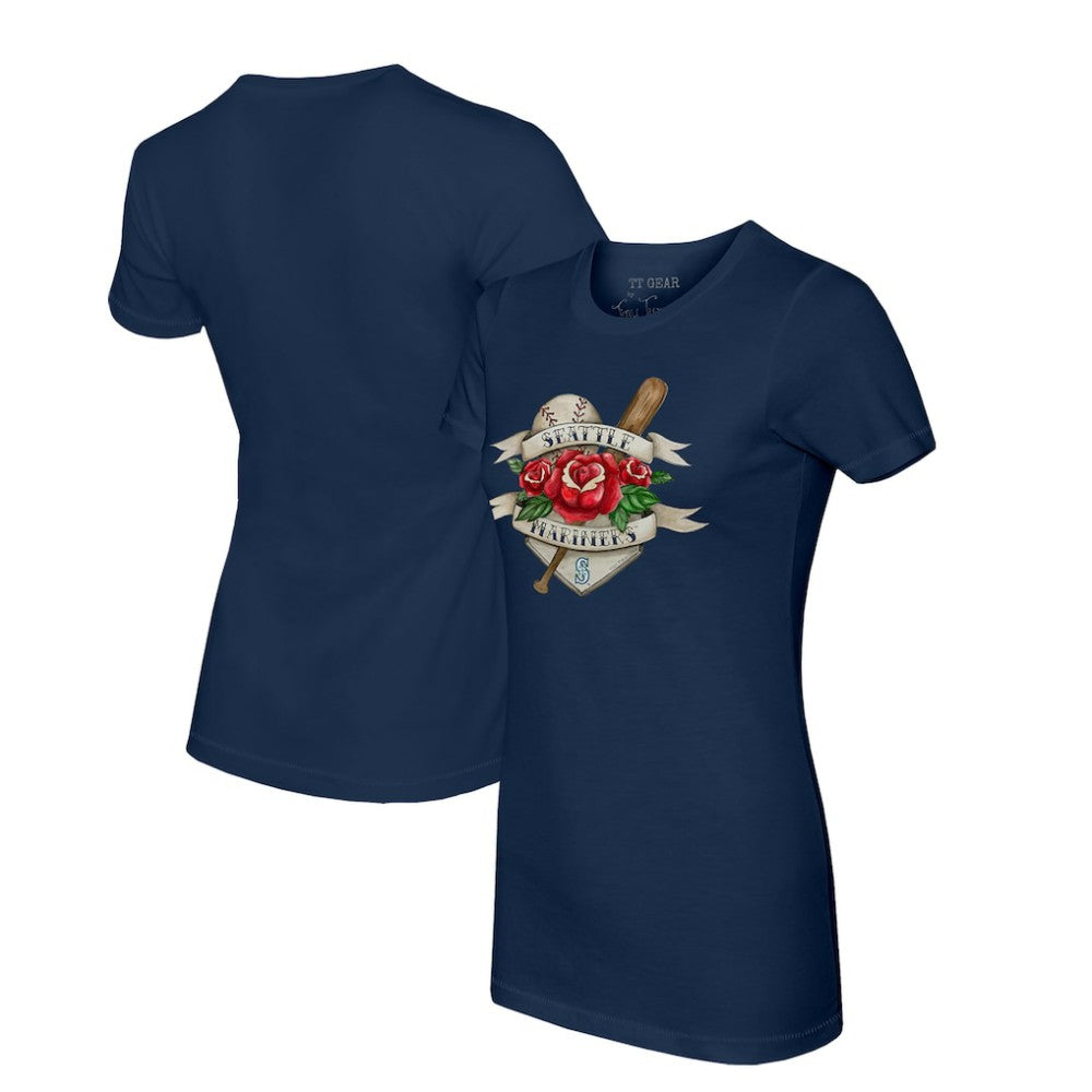 Seattle Mariners Tiny Turnip Women's Tattoo Rose T-Shirt Navy