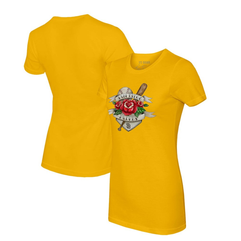 San Diego Padres Tiny Turnip Women's Tattoo Rose T-Shirt Gold