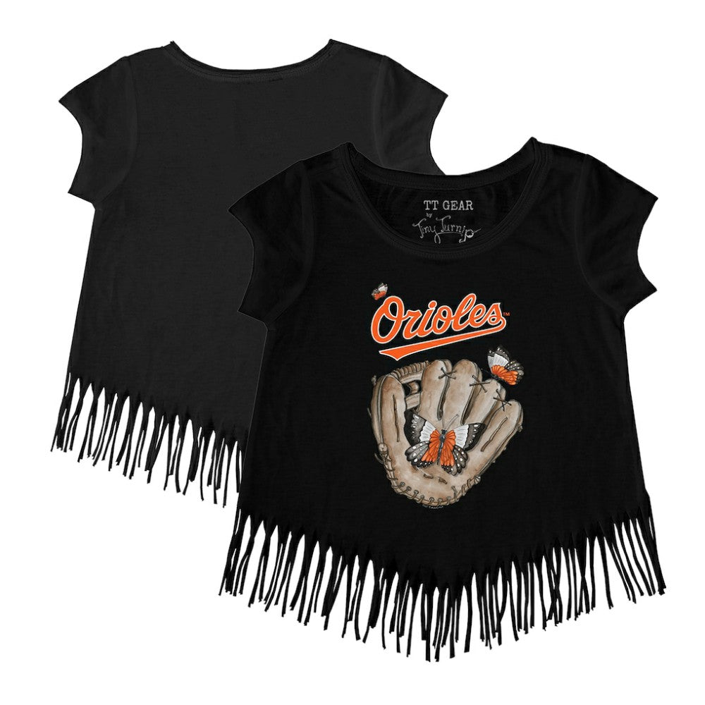 Baltimore Orioles Tiny Turnip Girls Youth Butterfly Glove Fringe T-Shirt Black
