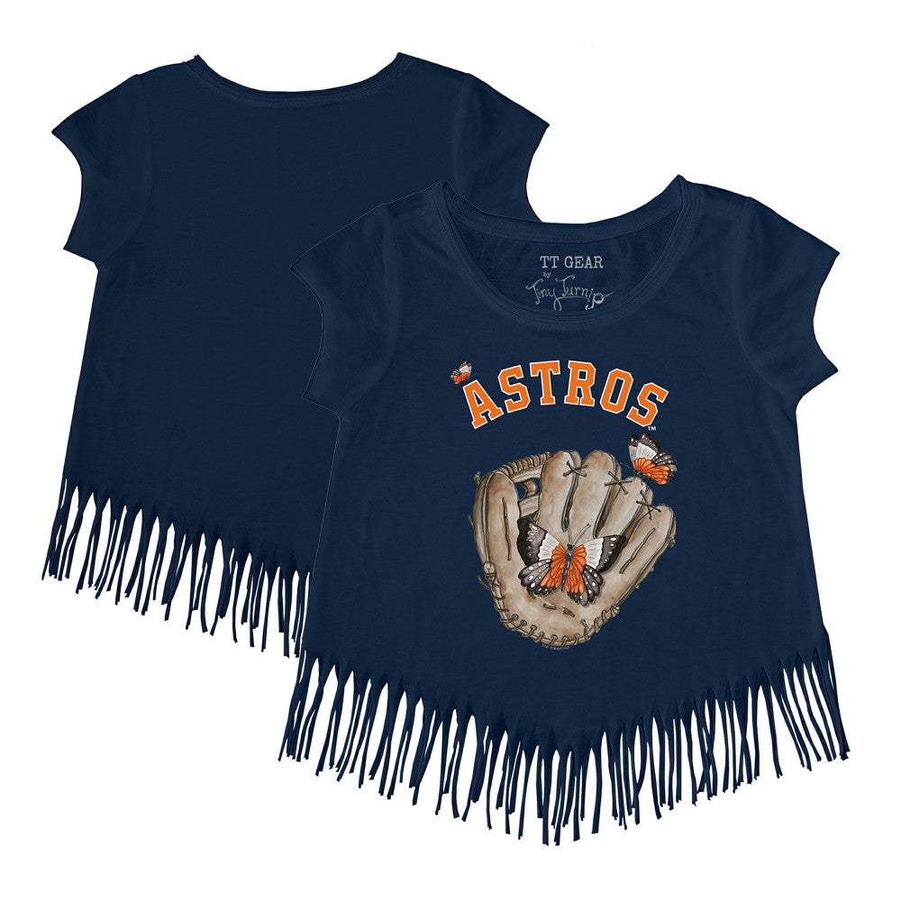 Houston Astros Tiny Turnip Girls Youth Butterfly Glove Fringe T-Shirt Navy