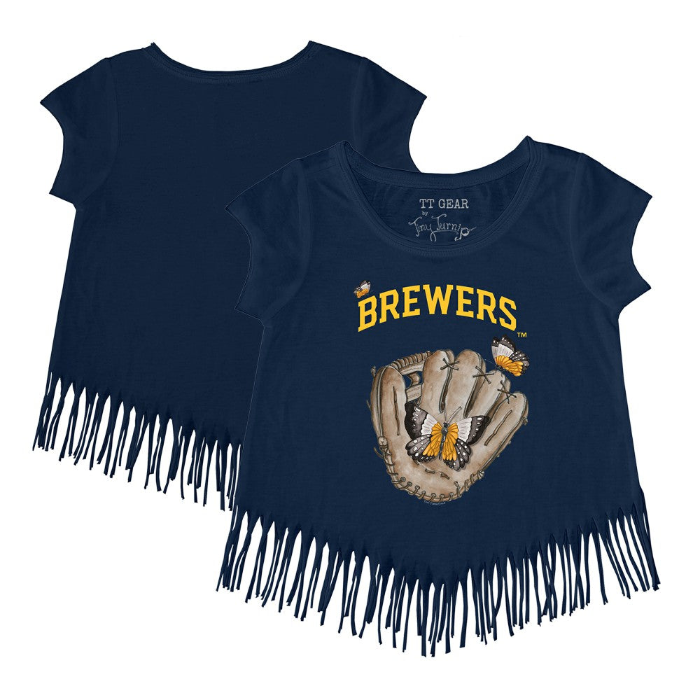 Milwaukee Brewers Tiny Turnip Girls Youth Butterfly Glove Fringe T-Shirt Navy