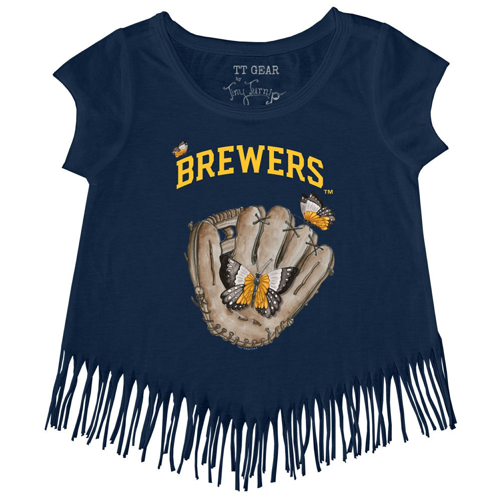 Milwaukee Brewers Tiny Turnip Girls Youth Butterfly Glove Fringe T-Shirt Navy