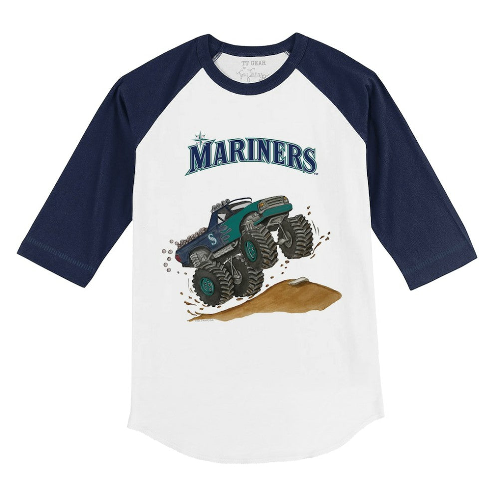 Seattle Mariners Tiny Turnip Youth Monster Truck 3/4-Sleeve Raglan T-Shirt White/Navy