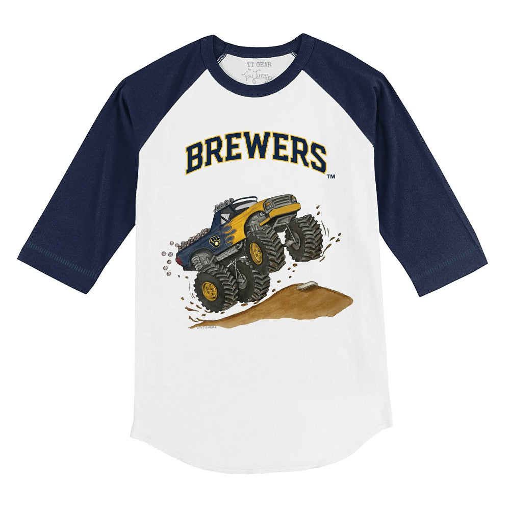 Milwaukee Brewers Tiny Turnip Youth Monster Truck 3/4-Sleeve Raglan T-Shirt White/Navy