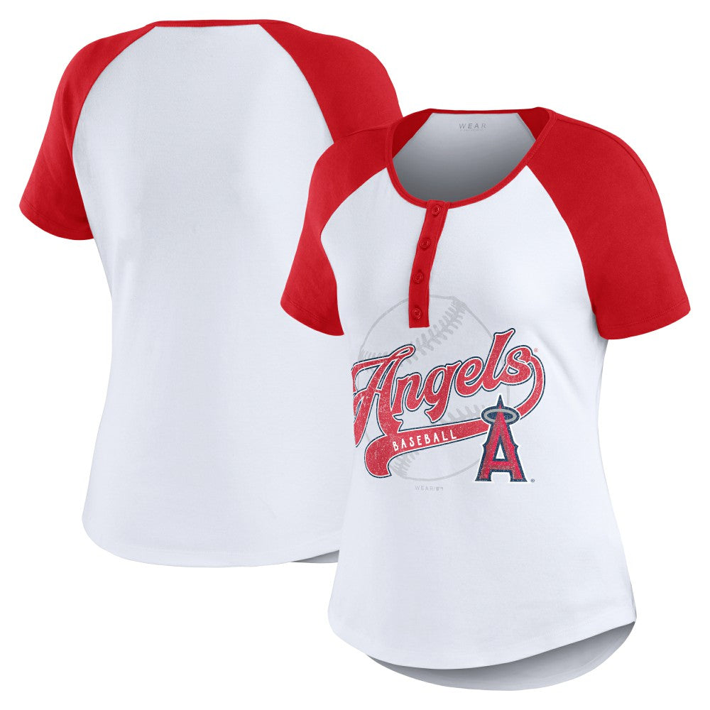 Los Angeles Angels WEAR by Erin Andrews Women's Fitted Henley Raglan T-Shirt White/Red