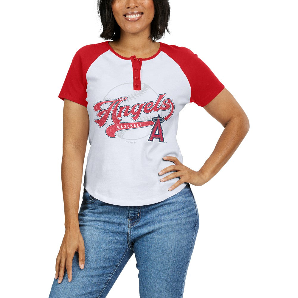 Los Angeles Angels WEAR by Erin Andrews Women's Fitted Henley Raglan T-Shirt White/Red