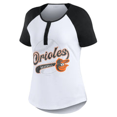 Baltimore Orioles WEAR by Erin Andrews Women's Fitted Henley Raglan T-Shirt White/Black