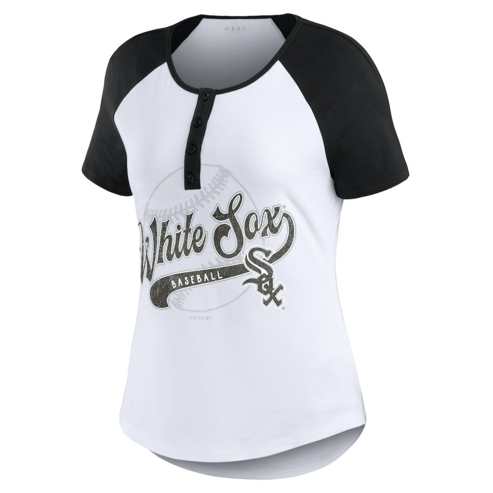 Chicago White Sox WEAR by Erin Andrews Women's Fitted Henley Raglan T-Shirt White/Black