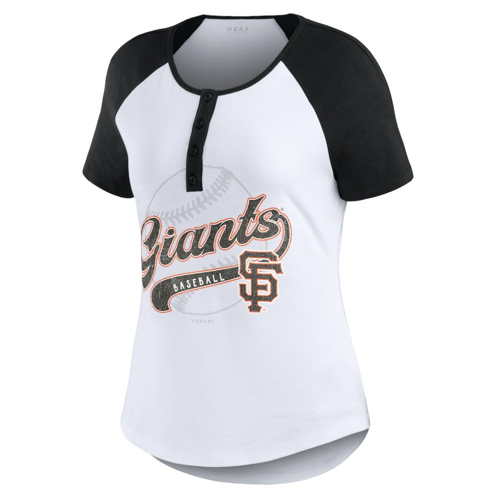 San Francisco Giants WEAR by Erin Andrews Women's Fitted Henley Raglan T-Shirt White/Black