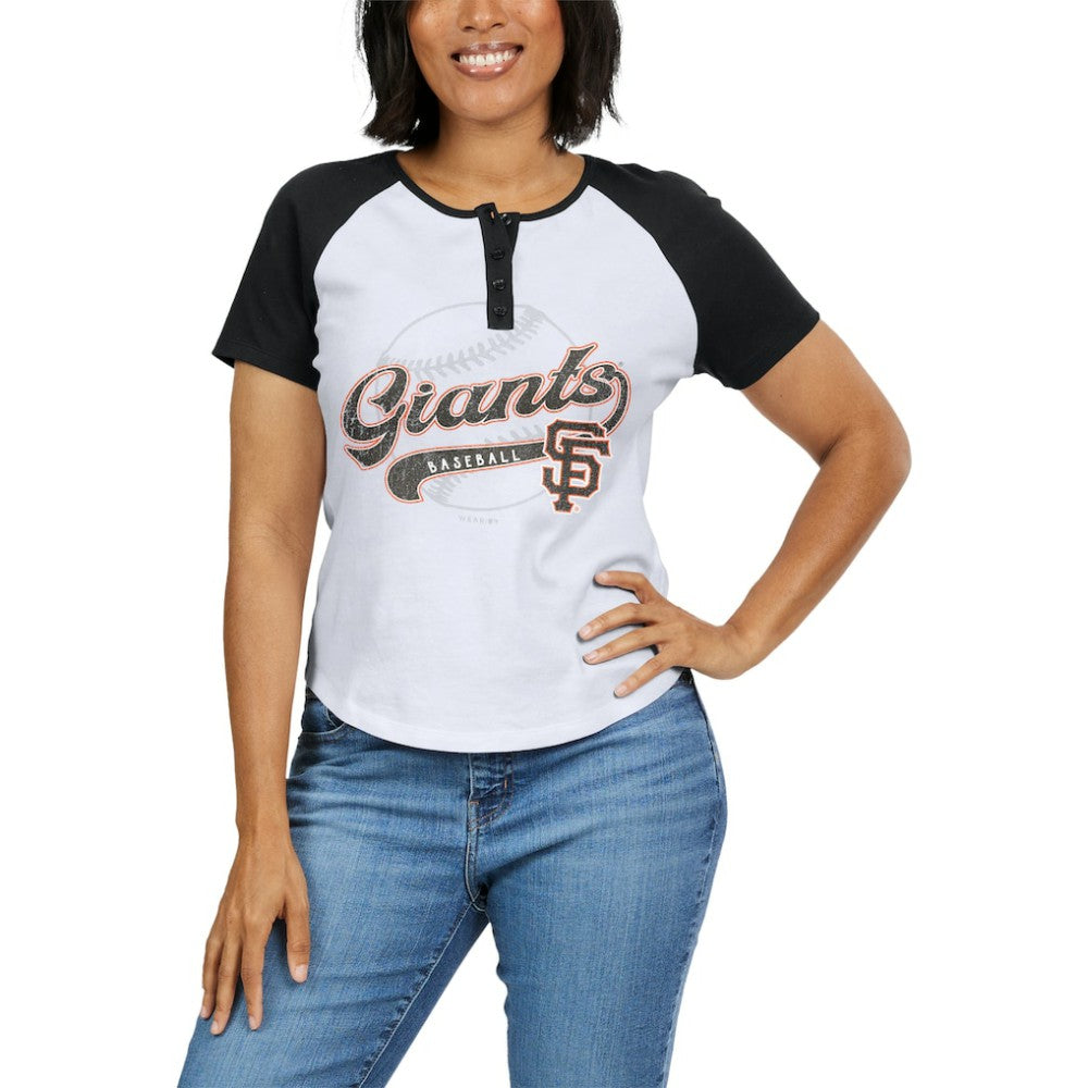 San Francisco Giants WEAR by Erin Andrews Women's Fitted Henley Raglan T-Shirt White/Black